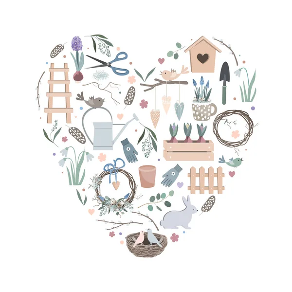 Corazón vector colorido hecho de herramientas de jardín divertido lindo, ropa y verduras. Se puede utilizar para telas, fondos de pantalla, patrones, pegatinas, tarjetas, diseño y decoración. — Archivo Imágenes Vectoriales