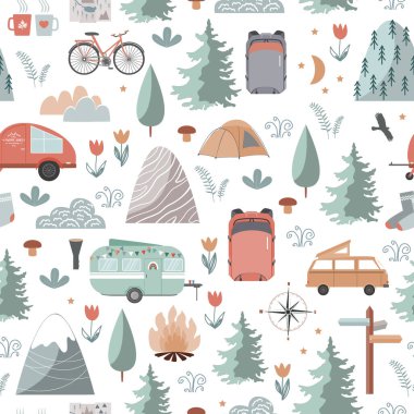 Hand drawn seamless pattern with summer camping equipment. Trailers, mountains, trees, and tourist objects in Scandinavian style. Cartoon vector background