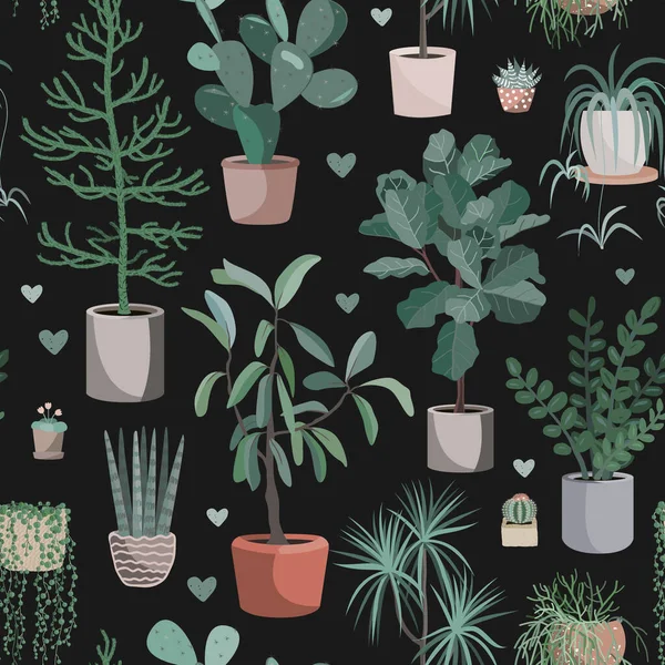 Cute houseplants on dark background. House indoor plant vector cartoon doodle seamless pattern. Potted flowers — Vector de stock