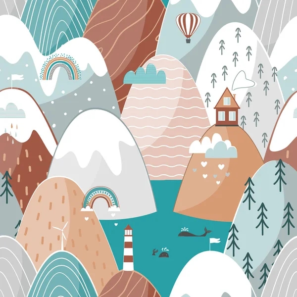 Cute seamless landscape pattern with sea, mountains, lighthouse, house, and rainbows. Travel concept, kids poster background. Vector pattern. — Stockvektor