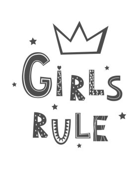 İskandinav tarzında el yazısı çizilmiş kızlar. Çocuk odası poster tasarımı, tişört baskısı, ergen kapı afişi. Vektör illüstrasyonu