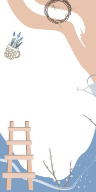 Bahar Bahçesi Dekorasyonu İskandinav tarzında soyut bir arkaplan ve metin için yeri var. Sosyal medya hikayeleri için vektör dikey şablonu, olay davetleri, tebrik kartları, reklam afişleri için dükkan