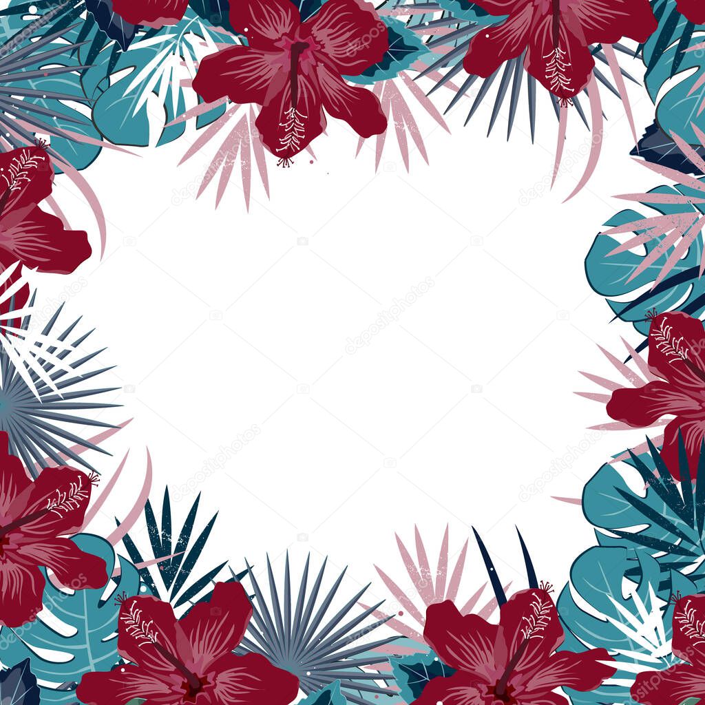 Jungle Party background with hibiscus flowers and exotica tropical leaves. Floral tropical frame. Vector illustration