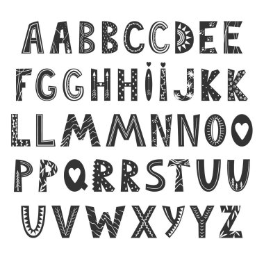 İskandinav tarzında soyut stil alfabesi. Çocuklar için font, eğitim için harika, ev dekorasyonu. Komik tişört alıntıları, poster, kartlar ve çocuk moda baskıları için kullanılabilir. Vektör İllüstrasyonu