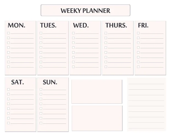 Modèle de planificateur hebdomadaire élégant. Organisateur isolé et horaire avec notes et liste de choses à faire pour chaque jour. Vecteur — Image vectorielle