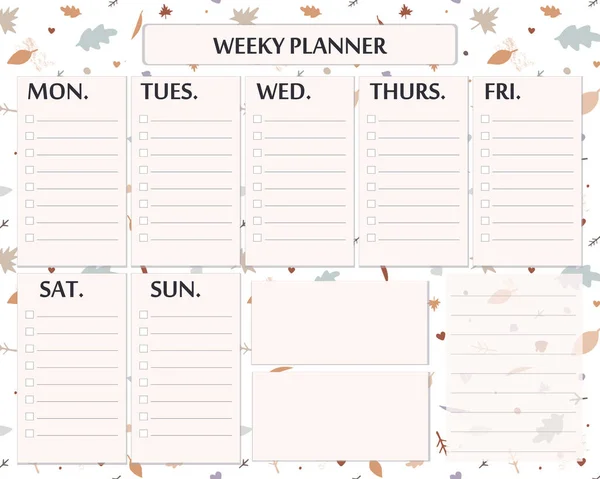 秋季周计划模板设计.用秋天的树叶做日常计划和笔记的剪贴画页 — 图库矢量图片