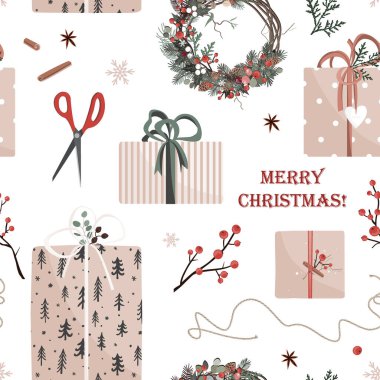 Noel hediyeleri, süsleme malzemeleri, makas ve çelenk ile birlikte Kraft kağıdında. Xmas hediye kutusu arka planı, eko dekorasyon. Vektör düz düz desen