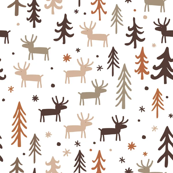 Бесшовный узор со стадом оленей в еловом лесу. Рождество и Новый год. Векторная иллюстрация. — стоковый вектор