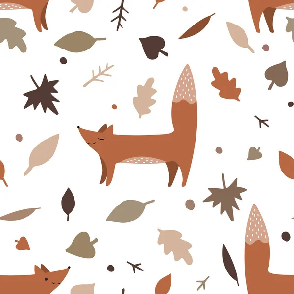 Zorros y otoño hojas de otoño, flores, patrón sin costura vector. Ilustración forestal. Diseño de la naturaleza. Día de Acción de Gracias. Temporada de otoño con lindo animal del bosque — Vector de stock