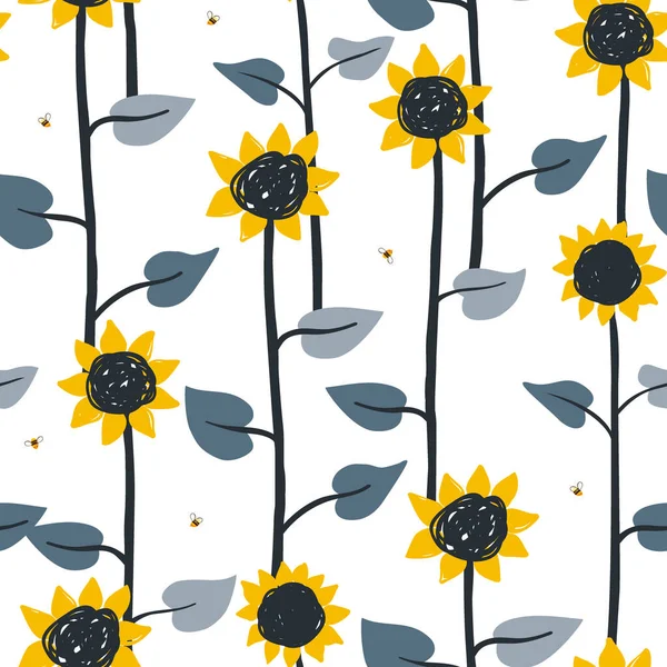 Vektor nahtlose Muster mit fliegenden Cartoon-Bienen und Blumen isoliert auf weißem Hintergrund. Illustration für Kinder für Magazine, Bücher, Poster, Karten, Webseiten. — Stockvektor
