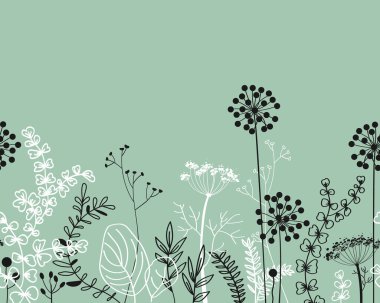 Seamless border with doodle forest and meadow plants. Hand drawn floral background for frames, posters, kids cards, wallpapers. Vector illustration