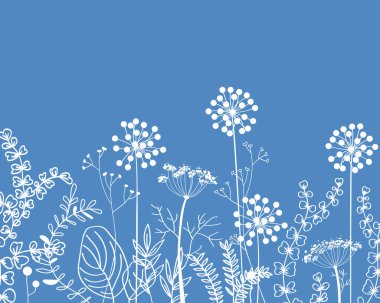 Autumn border with doodle forest and meadow plants. Hand drawn floral background for frames, posters, kids cards, wallpapers. Vector illustration