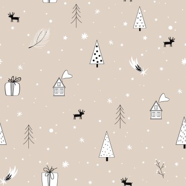 Winter cartoon seamless pattern with trees, houses, present gifts, and deer. Vector illustration.