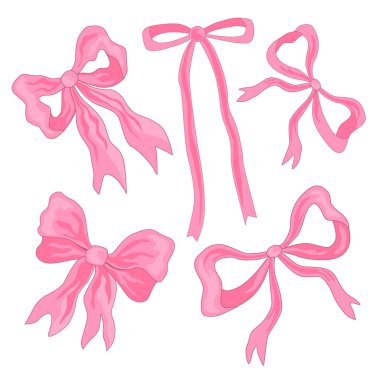 Güzel el çizilmiş pembe fiyonklar. Kız başlığı, hediyeler, dekorasyon ve kutlama tasarımları için zarif, kadınsı kurdele sanatı. Vektör izole Clipart