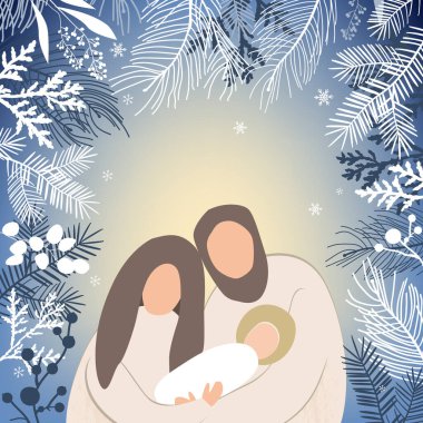 Bebek İsa, Meryem ve Yusuf 'un soğuk orman dallarının altında doğduğu Noel sahnesi. El çizimi stili İncil illüstrasyon klipsi izole edildi. İskandinav tarzında çizgi film vektör illüstrasyonu.