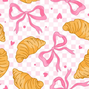 Kawaii kusursuz desenli, elle çizilmiş pembe yay ve kruvasan. Sevimli sevgililer günü veya kız gibi bir geçmişi var. Vektör illüstrasyonu.