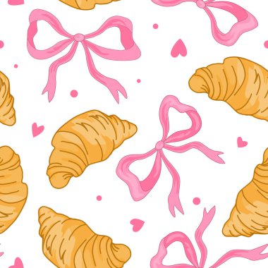 Kawaii kusursuz desenli, elle çizilmiş pembe yay ve kruvasan. Sevimli sevgililer günü veya kız gibi bir geçmişi var. Vektör illüstrasyonu