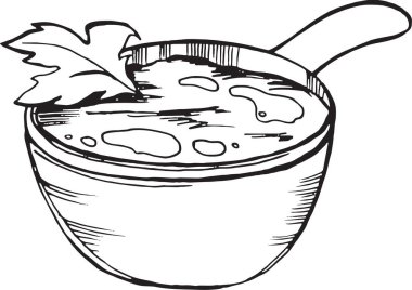 Bir kase çorba, yemek, el çizimi eskiz, siyah beyaz çizimler.