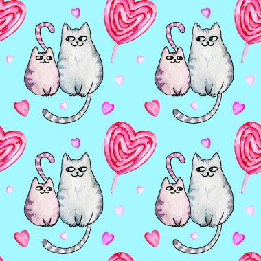 Sevgililer Günü temalı kusursuz suluboya şablonu. Sevimli kediler, şekerler. Paket kağıdı, tasarım, kumaş ve kartlar için ideal. Pembe desen ve nane arkaplanda leylak rengi.