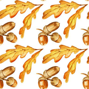 El, meşe yaprakları ve meşe palamudu ile suluboya deseni, sarı ve turuncu renk, sonbahar yaprağı. Kumaş, ambalaj kağıdı, sonbahar kartı için ideal