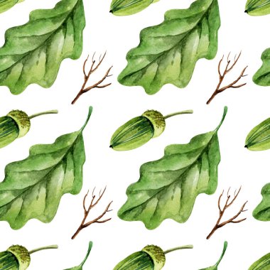 El, meşe yaprakları ve meşe palamudu ile suluboya deseni, yeşil ve kahverengi renk, sonbahar yaprağı. Kumaş, ambalaj kağıdı, sonbahar kartı için ideal