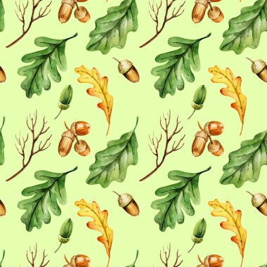 Siyah arka planda meşe yaprakları, meşe palamutları, sarı ve turuncu renkler ve sonbahar yapraklarıyla kusursuz bir el çizimi. Kumaş, ambalaj kağıdı, sonbahar kartı için ideal