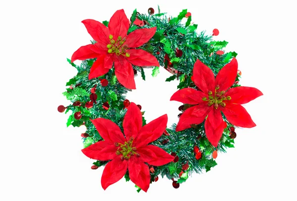 Christmas wreath with red ribbon and golden decoration isolated on white — Stock Photo, Image