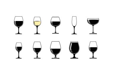 Farklı şekillerde ve dolgu seviyelerinde, çeşitli şarap kadehleri sergilenen 10 şarap kadehi..