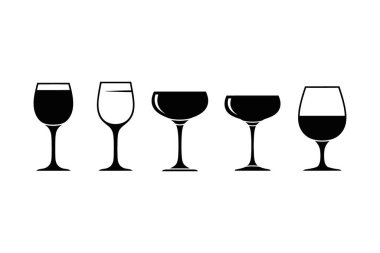 Değişik miktarda şarap ve boş bir bardakla beş şarap kadehinin çizimi.