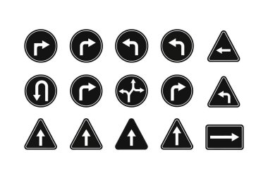 Çeşitli yönlü okları olan siyah ve beyaz yol trafik işaretleri koleksiyonu