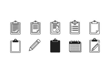 A set of ten icons featuring clipboards with documents, a pencil, and other office stationery
