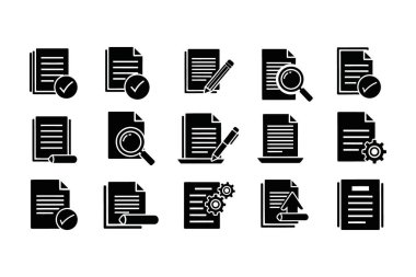 Belgeleri çeşitli araçlarla tasvir eden 12 siyah beyaz simge koleksiyonu