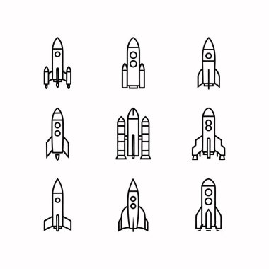 Beyaz arka planda siyah çizgili dokuz farklı uzay mekiği silueti.