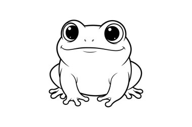 Büyük gözlü ve yuvarlak vücutlu bir kurbağanın basit siyah beyaz çizgisi.