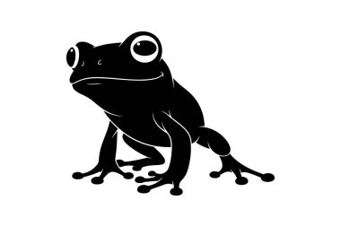 Beyaz arka planda büyük gözlü ve perdeli ayaklı siyah bir kurbağa silueti.