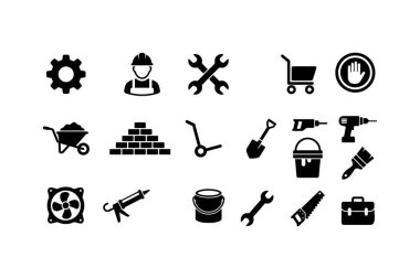 Beyaz arka planda çeşitli yapı ve sanayi araçları ve sembollerini gösteren 16 adet siyah ve beyaz simge.