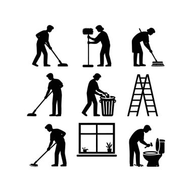 Temizlik, temizlik, paspas, merdiven ve daha fazlası ile uğraşan bireyleri gösteren siyah siluet simgelerinden oluşan bir koleksiyon.