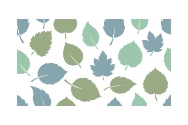 Farklı şekil ve boyutlarda yeşil ve mavi yapraklardan oluşan canlı ve çeşitli bir düzenleme temiz beyaz bir yüzeye yayılmış.