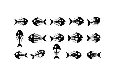 Farklı pozlarda 15 siyah balık iskeletinden oluşan bir grup beyaz arka planda üç sıra halinde dizildi.