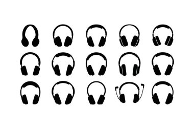 Dörtlü dört satırlık düz beyaz arka planda aynı siyah kulaklık ikonlarından oluşan bir set.