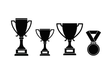Beyaz zemin üzerinde üç kupa ve bir madalya bulunan siyah siluetler, başarıyı ve zaferi simgeliyor.