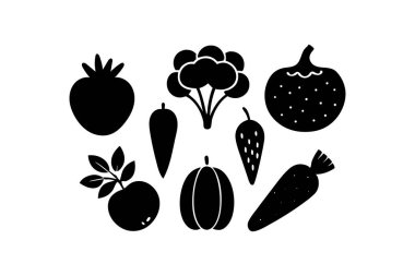 Beyaz arka planda çeşitli sebze ve meyvelerden oluşan siyah siluet çizimleri.