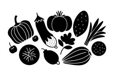 Çeşitli sebze ve meyvelerin birlikte sıralandığı siyah beyaz bir çizim.