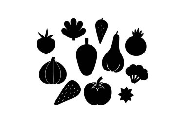 Bir grupta 13 farklı sebze ve meyve siluetinin yer aldığı siyah ve beyaz bir resim
