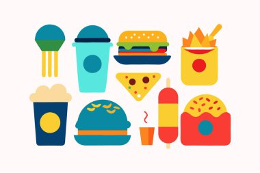 Hamburger, patates kızartması, pizza, sosisli sandviç ve içecekler de dahil olmak üzere çeşitli fast food ürünleri içeren canlı bir dijital illüstrasyon.