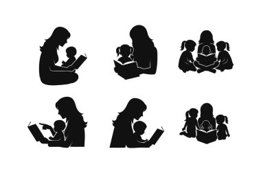 Farklı ortamlarda birlikte okuma ve oyun zamanı aktiviteleri yapan anne ve çocukları tasvir eden altı siyah siluet koleksiyonu.