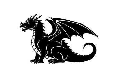 Kanatları, kuyruğu ve keskin pençeleri olan siyah bir ejderha silueti, kalçalarının üzerinde oturuyor, sola bakıyor.