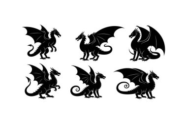 Beyaz arka planda farklı pozlarda altı siyah ejderha silueti çeşitli efsanevi yaratıkları sergiliyor.