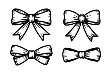 Düz beyaz bir zemin üzerinde farklı stil ve boyutlarda dört adet siyah beyaz fiyonk çizimi.