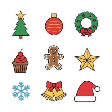 Ağaç, süs eşyası, çelenk, zencefilli çörek adam, kek, yıldız, kar tanesi, çan ve Noel Baba şapkasından oluşan bir Noel ikonu koleksiyonu.